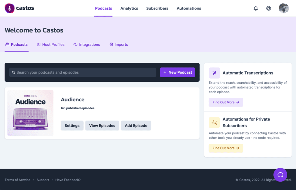 Castos dashboard